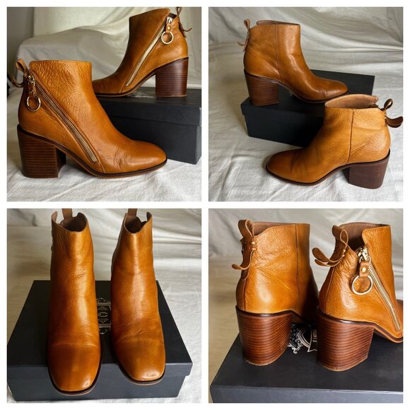 Anthropologie Silent D Dania Size 8 Side Zip Ankle Boot Honey Tan Leather Chunky - Picture 8 of 16